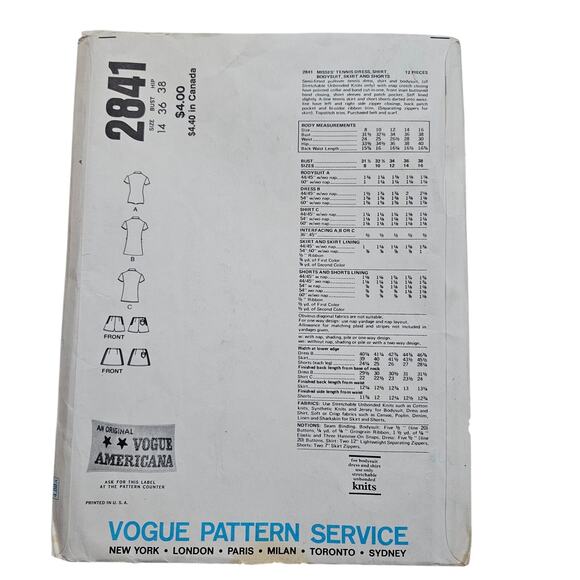 RARE Vintage Vogue #2841 Anne Klein Pattern: Tennis Dress Bodysuit, Size 14 - Picture 2 of 5